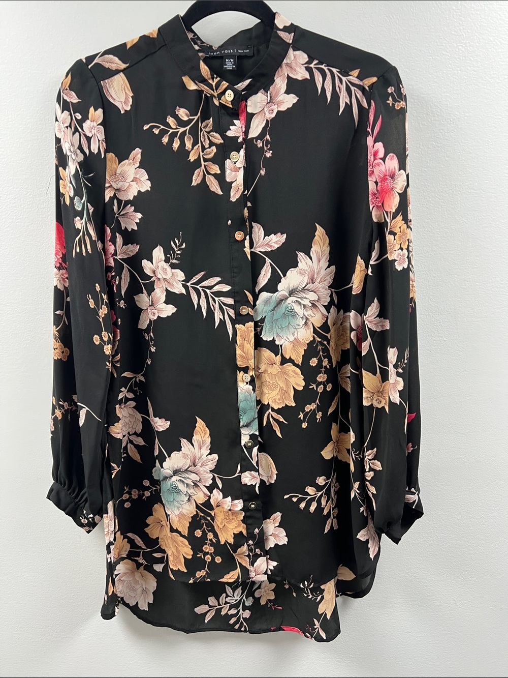 Floral Button-Front Long Sleeve Blouse - Black/Multi
